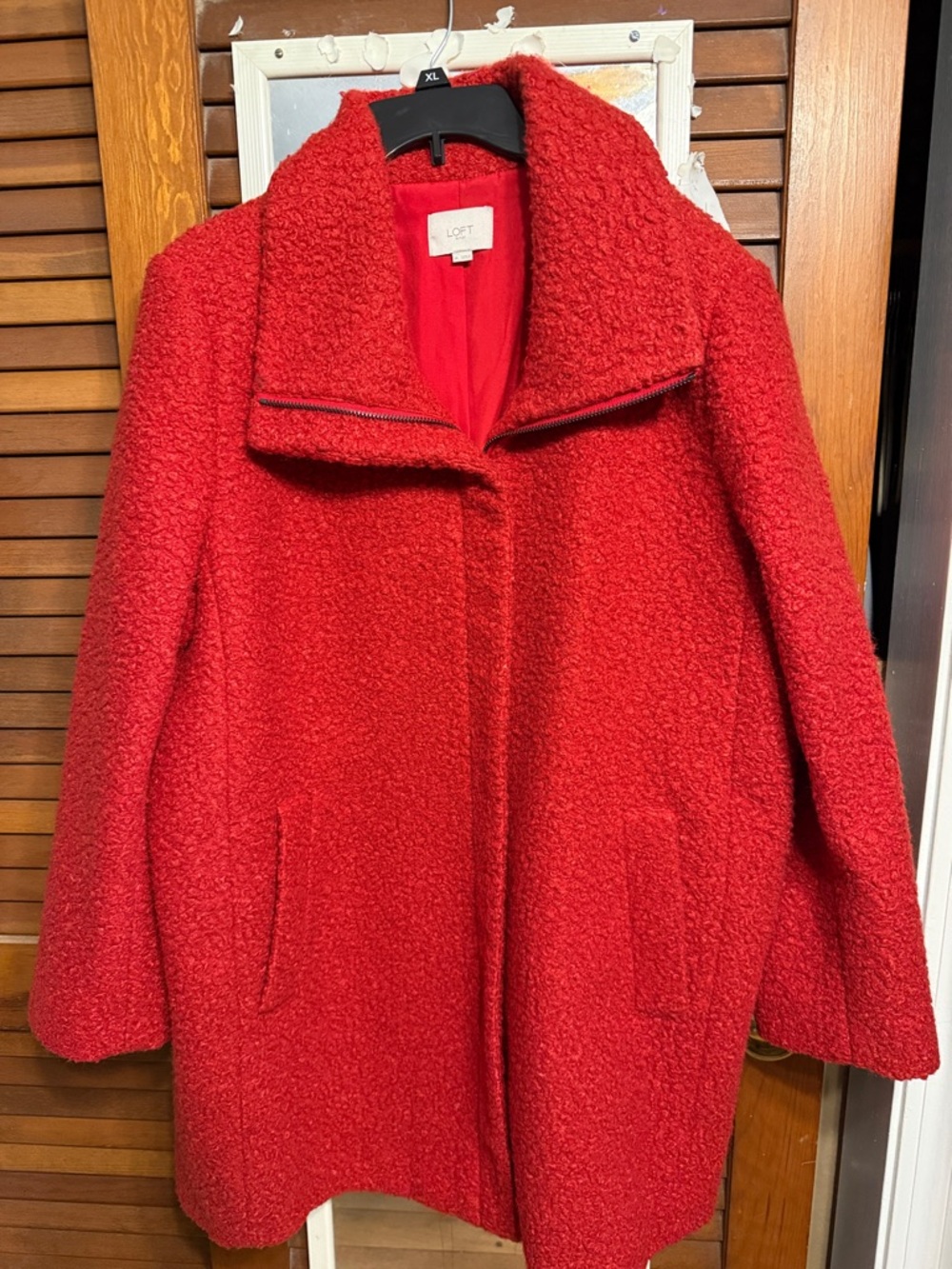 LOFT Red Bouclé Teddy Coat with Wide Collar